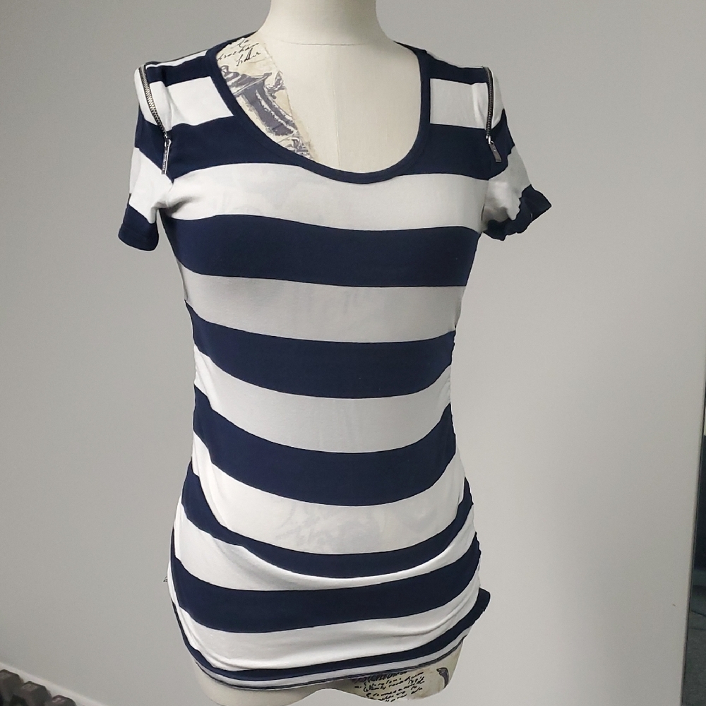 Michael Kors Blue and White Fitted Short Sleeve T-Shirt - Picture 1 of 7